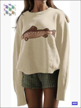 Y2K Oversized Crew Neck Pullover Sweater Cute Carp Graphic Knit Jumper